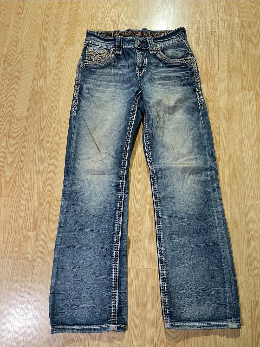 Vintage Rock Revival Men's Faded Blue Bootcut Jeans, waist 30 inches